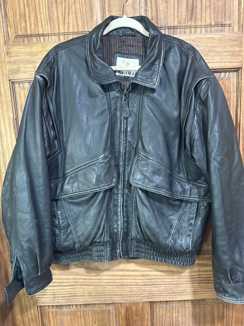 Bill Blass Mens L Lambskin Leather Bomber Jacket Black Distressed Vintage 90s